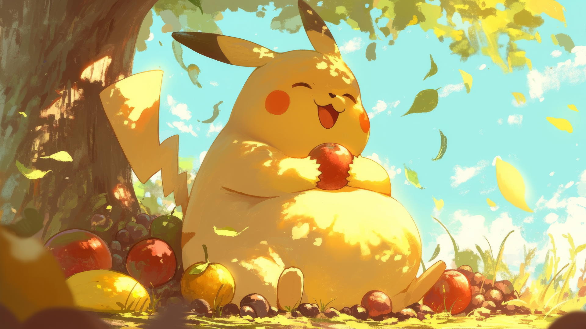 Fat Pikachu under a tree with piles of fruit