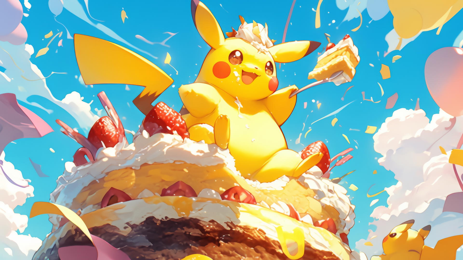 Fat Pikachu sitting on a giant cake with colorful frosting, whimsical style