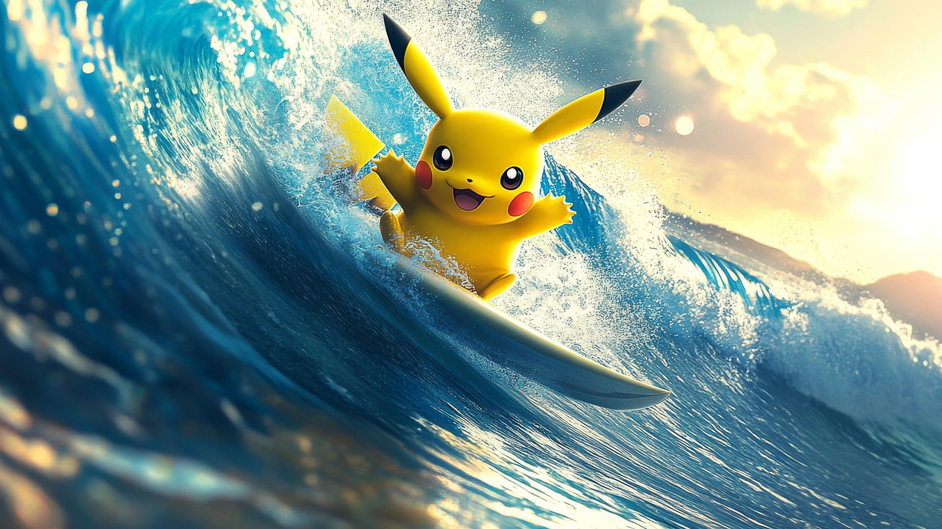 Pikachu surfing a massive wave, with water splashing around