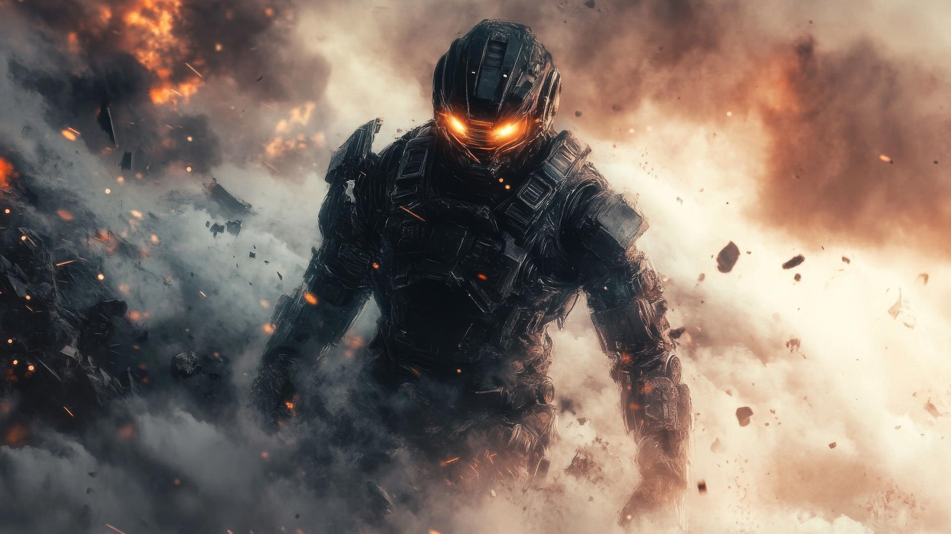 Cool wallpapers for boys with a detailed robot warrior, glowing eyes, and futuristic battlefield.