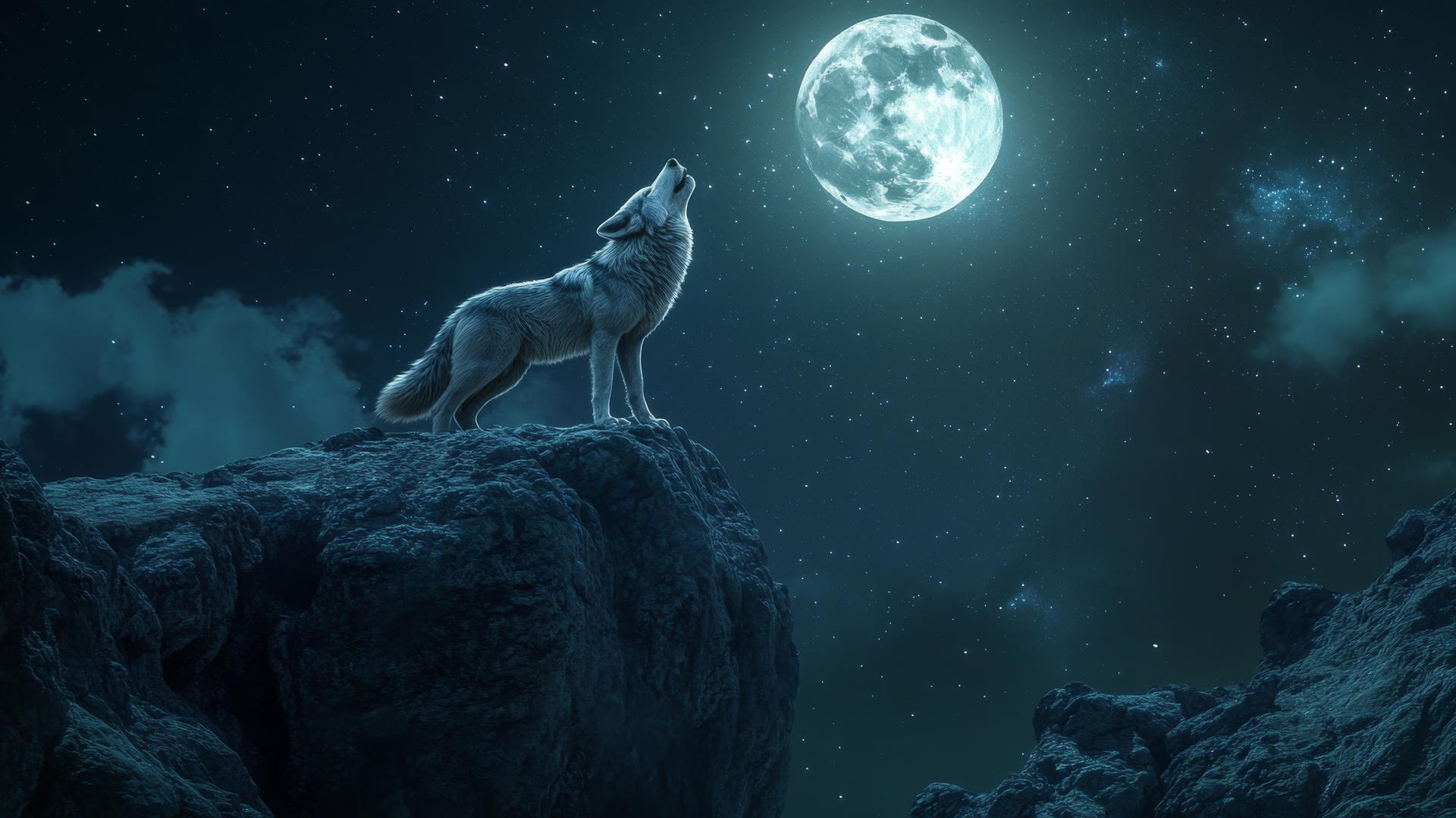 A powerful wolf howling at the full moon atop a rocky cliff, under dramatic lighting and a starry sky, cool wallpapers for boys.