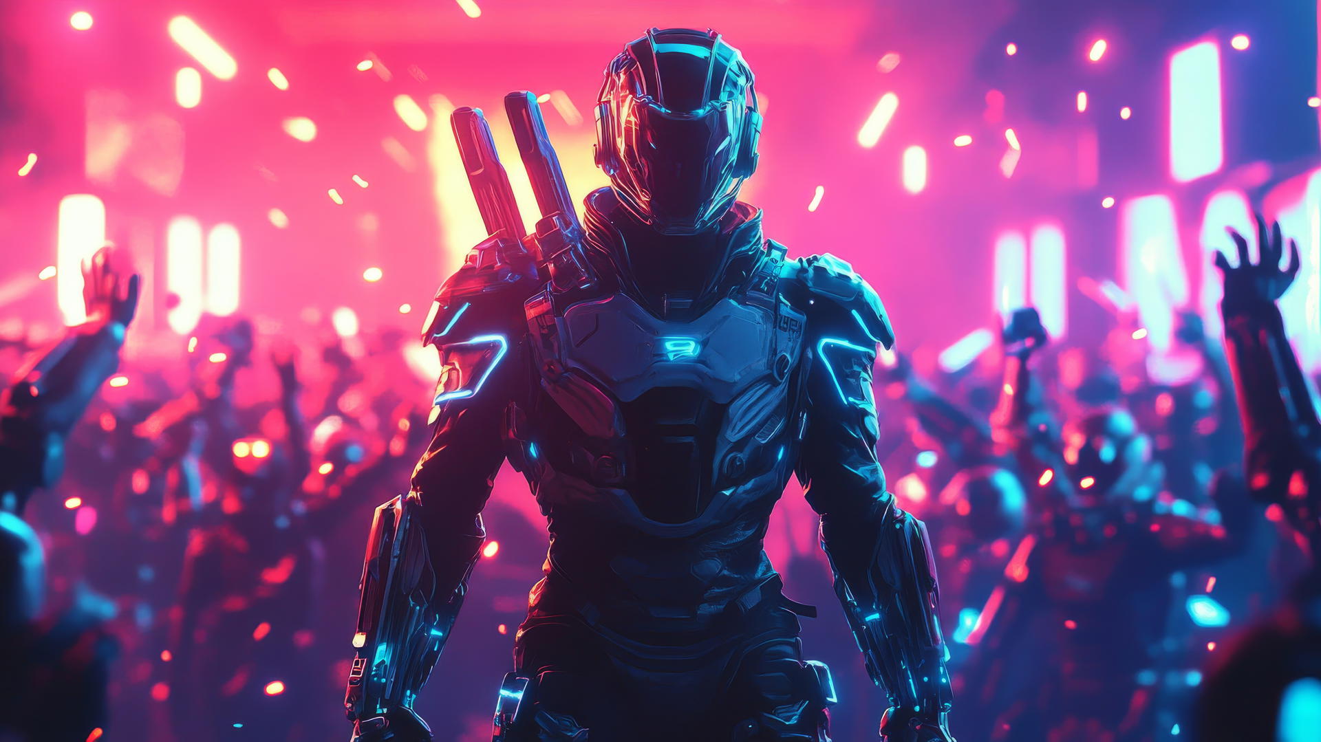 cool wallpapers for boys, futuristic gladiator in an arena with glowing weapons