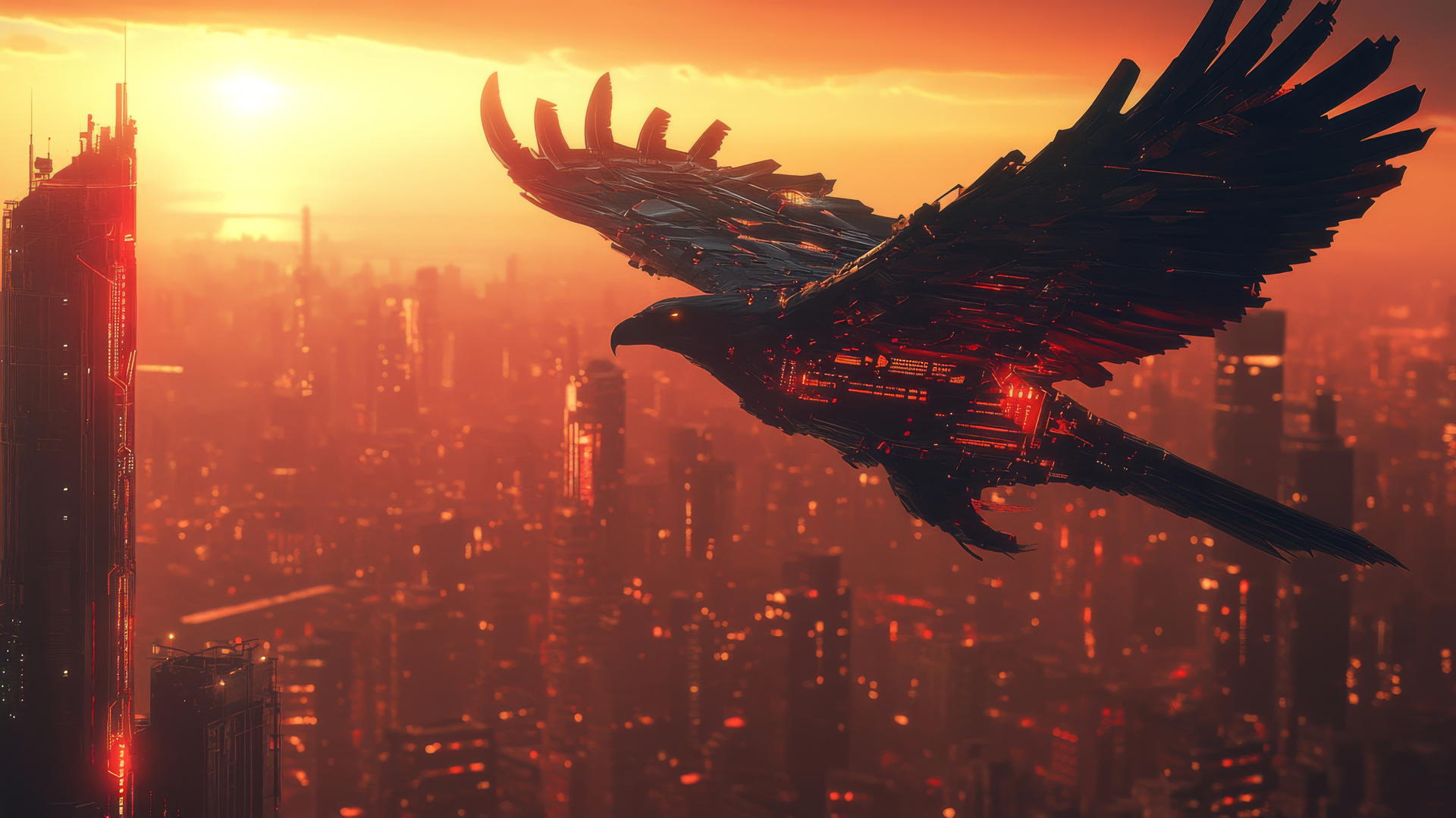cool wallpapers for boys featuring a robotic eagle soaring over a futuristic city at dawn