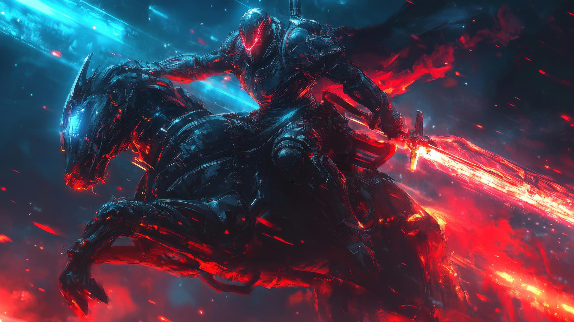 Futuristic knight on hover-steed with glowing weapons and energy shield in battle