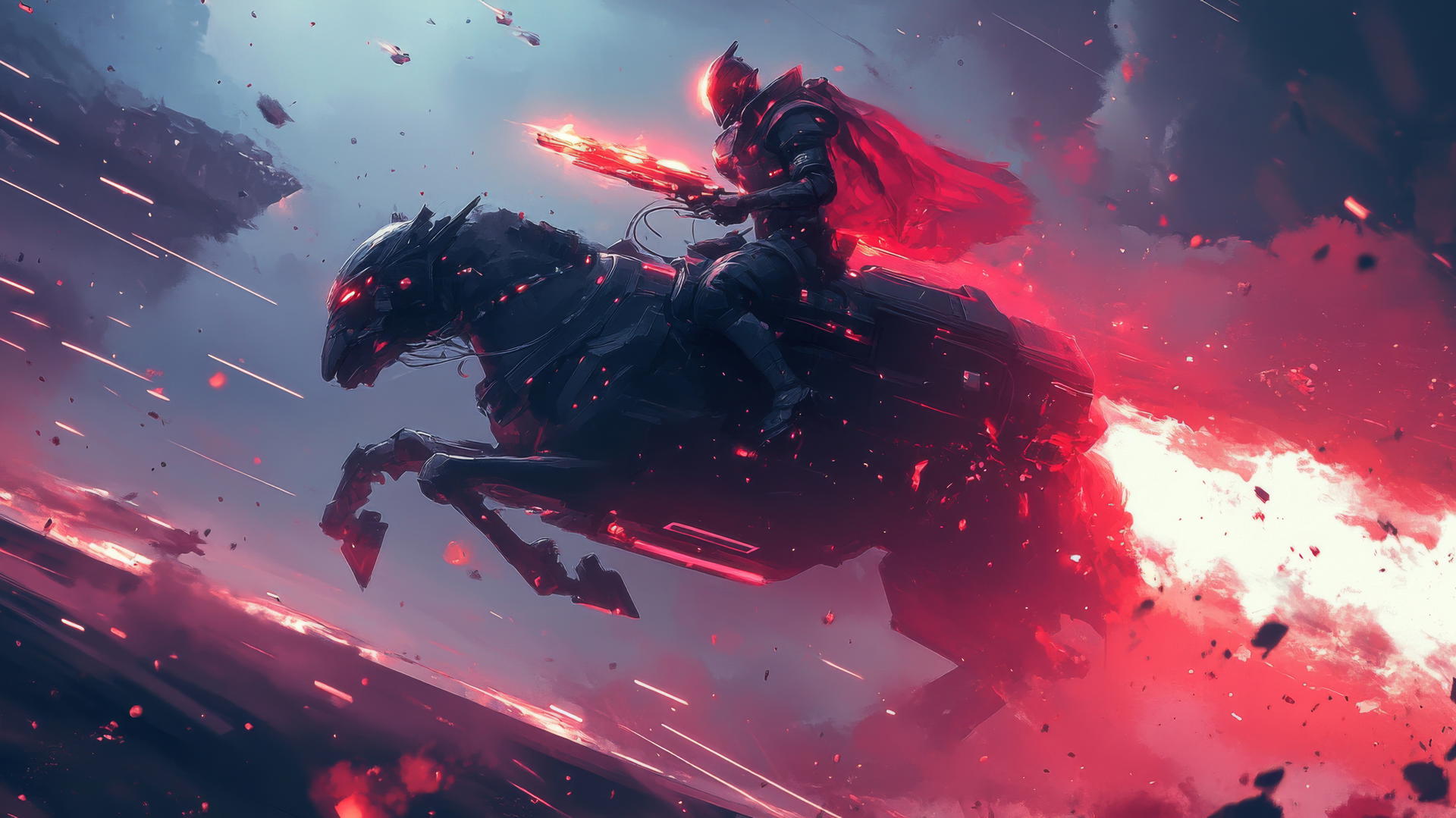 Futuristic knight on hover-steed with glowing weapons and energy shield on high-tech battlefield