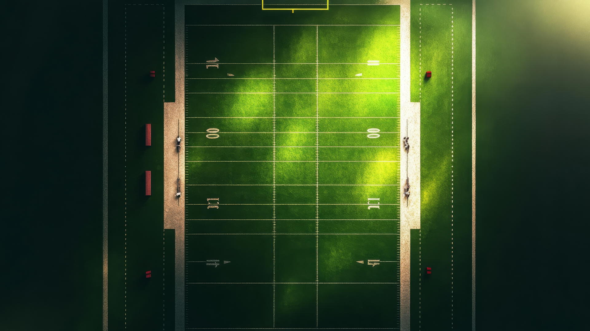 Minimalist aerial view of football field with glowing end zones and subtle yard lines