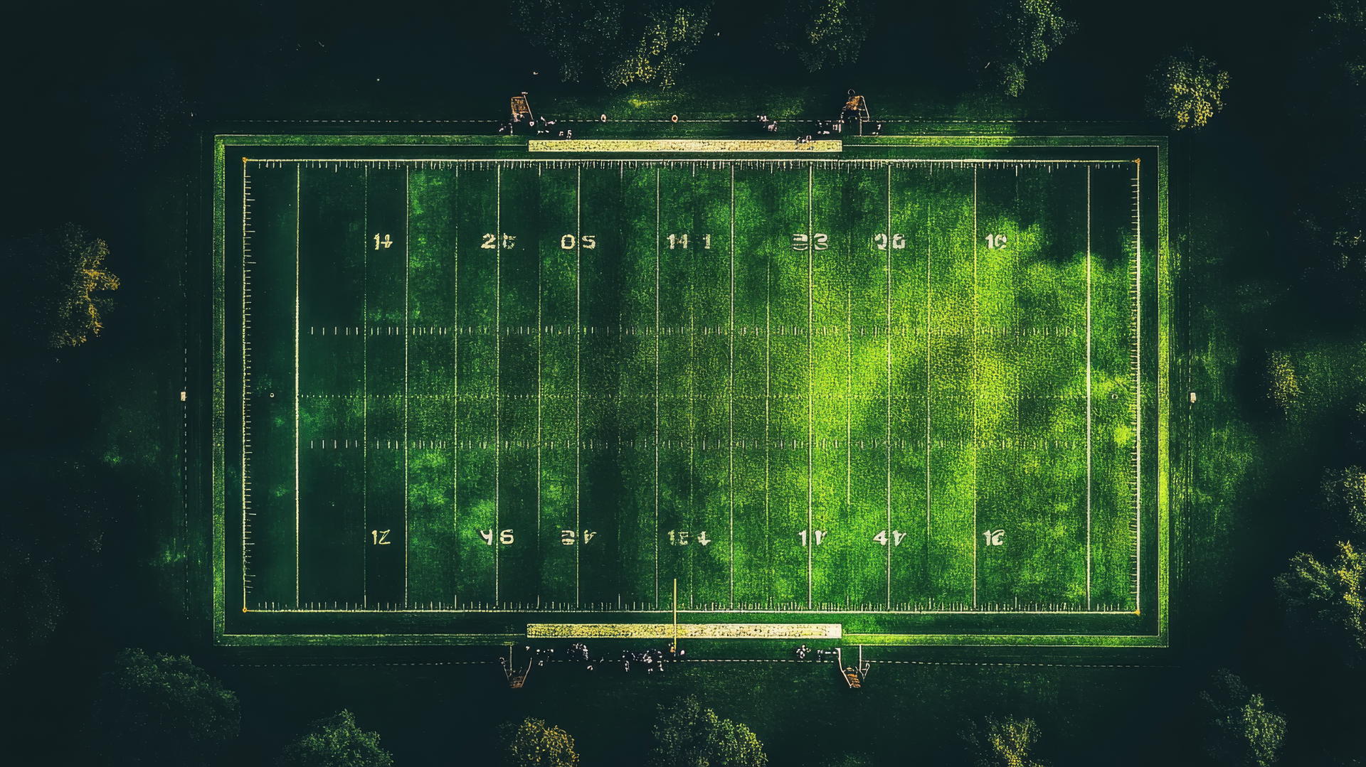 Minimalist football field with glowing end zones and yard lines on dark green field