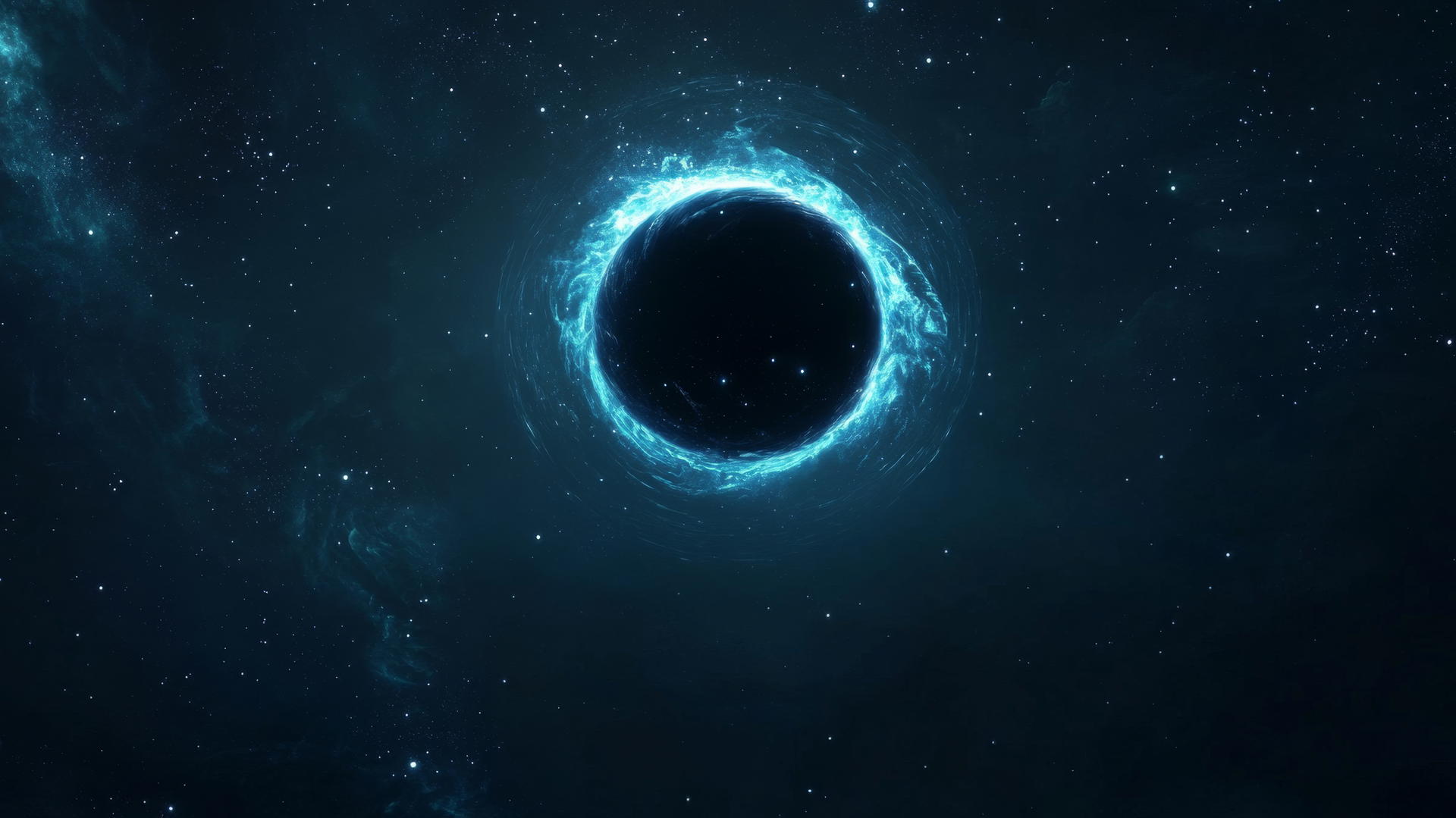 Minimalist black hole glowing softly with orbiting particles in space