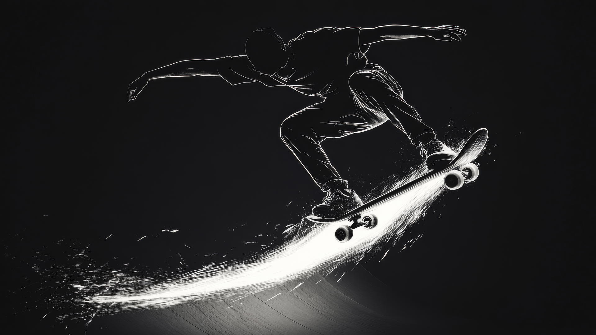 Minimalist skateboarder performing an ollie with glowing outlines on a flat ramp.