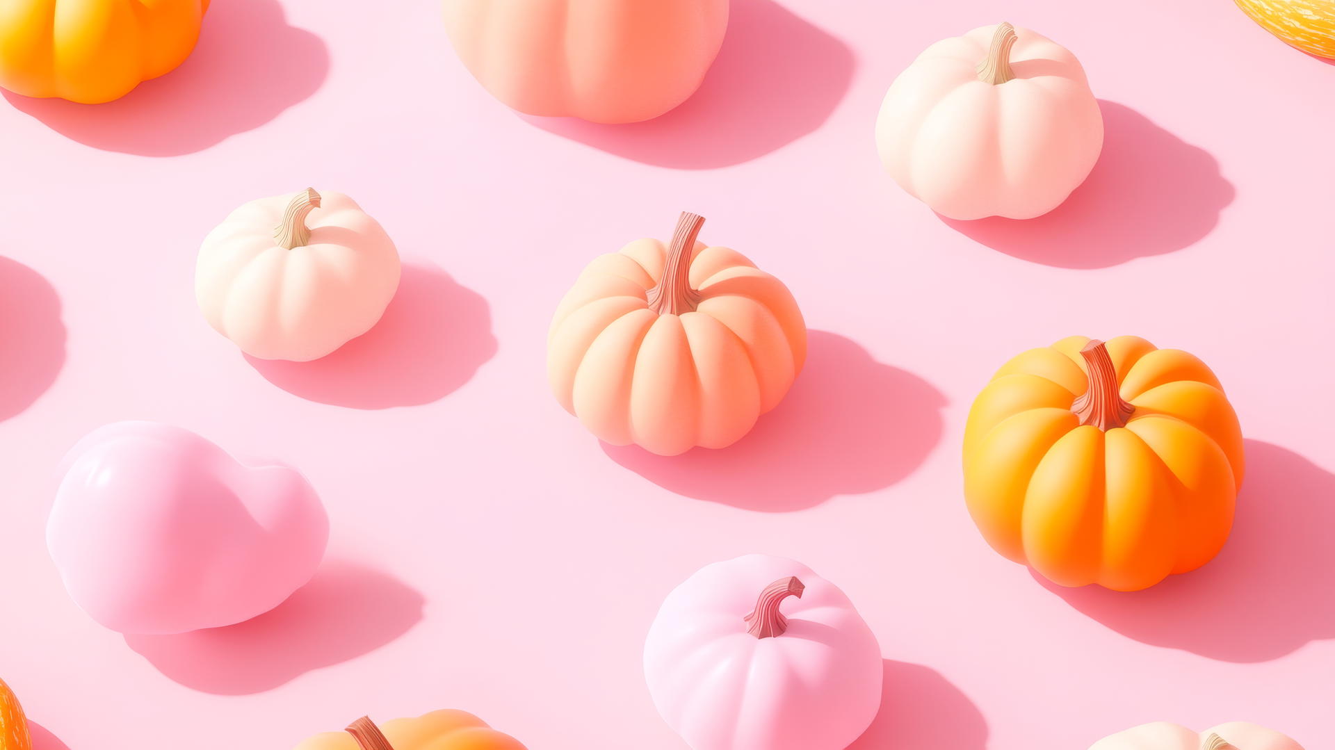 Pastel pumpkins and gourds with soft shadows on pink