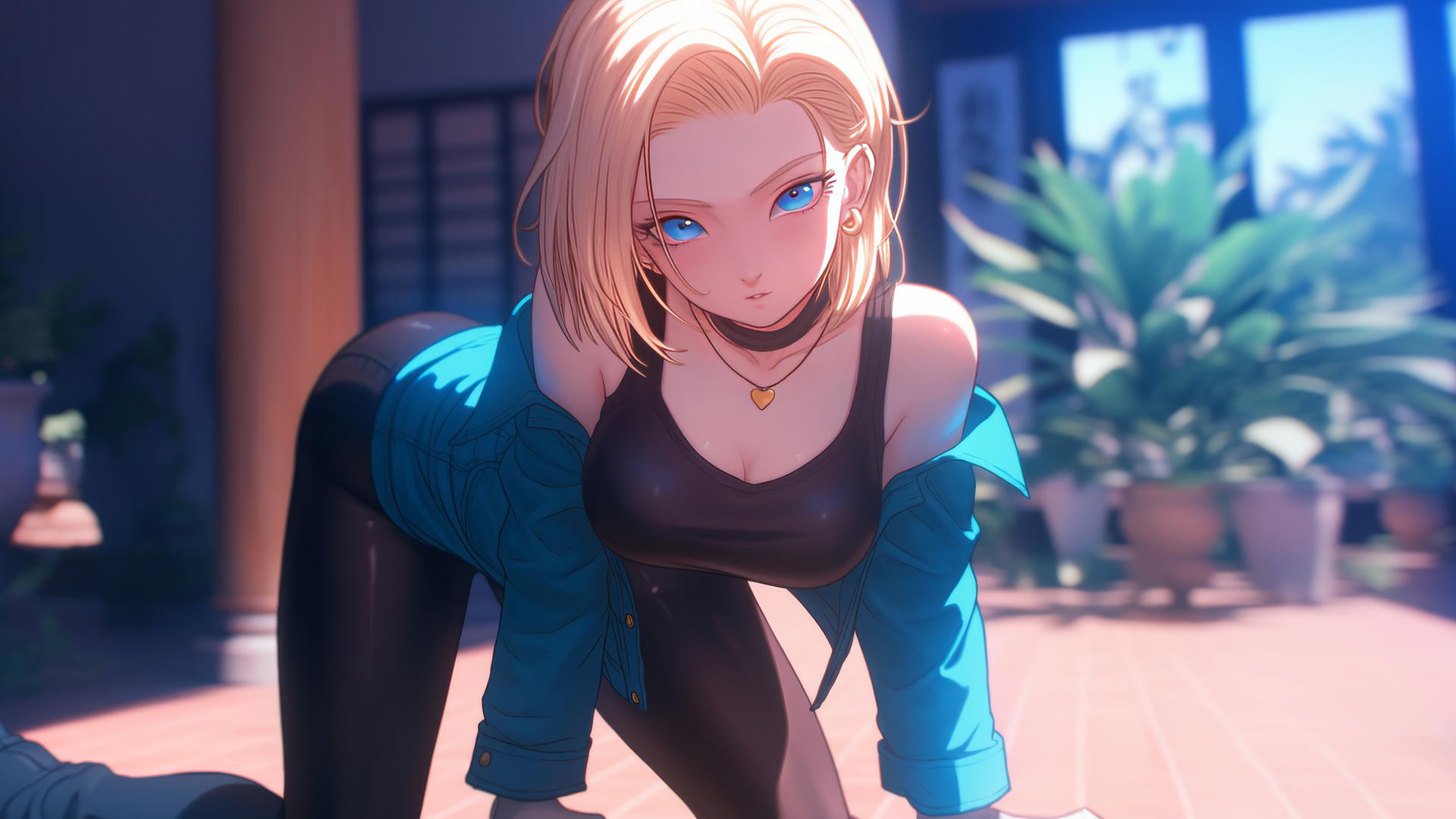 Android 18 on all fours in a modern hotel