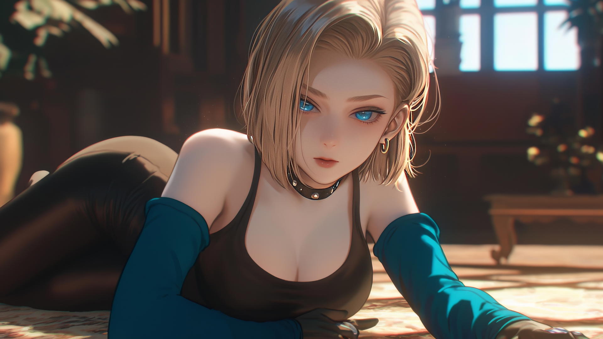 Android 18 on all fours in a modern hotel