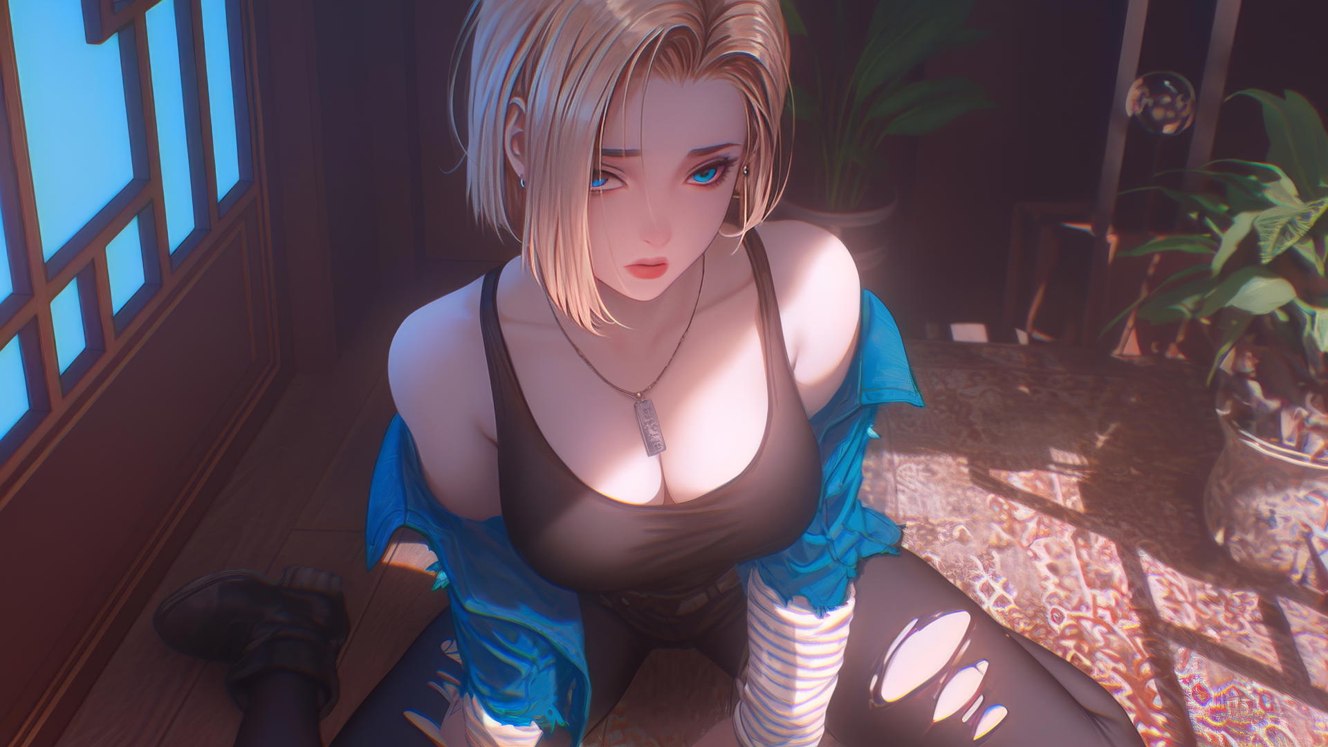 Android 18 kneeling in modern hotel from above