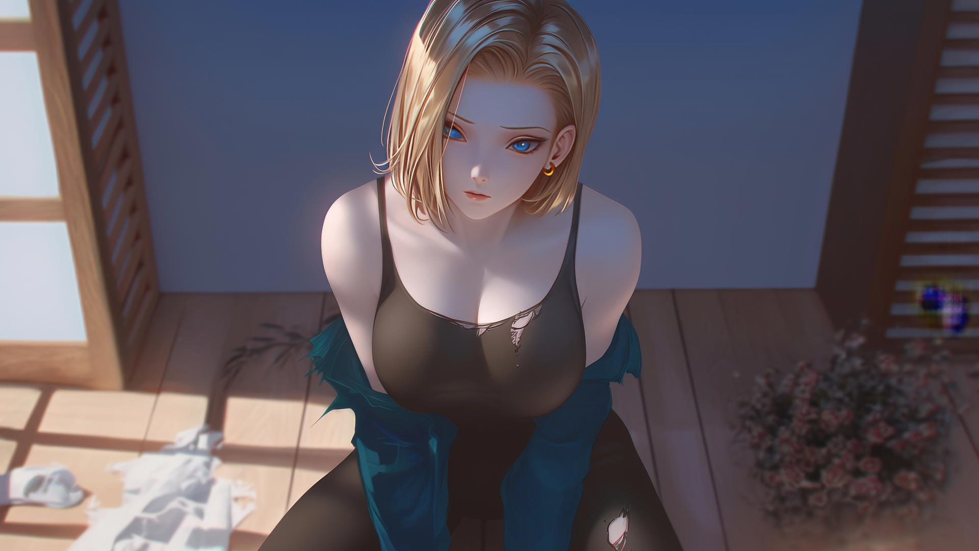 Android 18 kneeling in modern hotel with short blonde hair