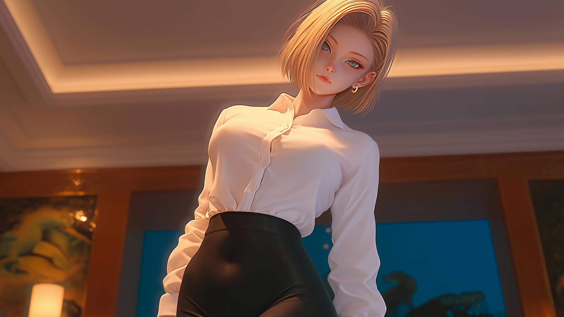 Android 18 kneeling in a modern hotel
