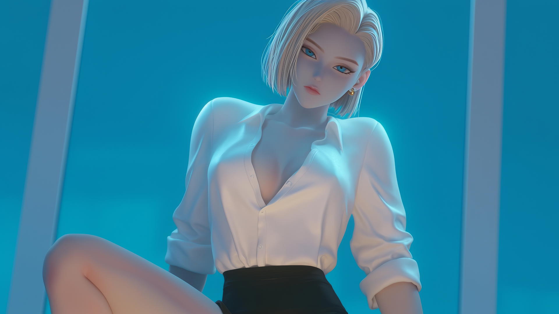Android 18 kneeling in a modern hotel setting
