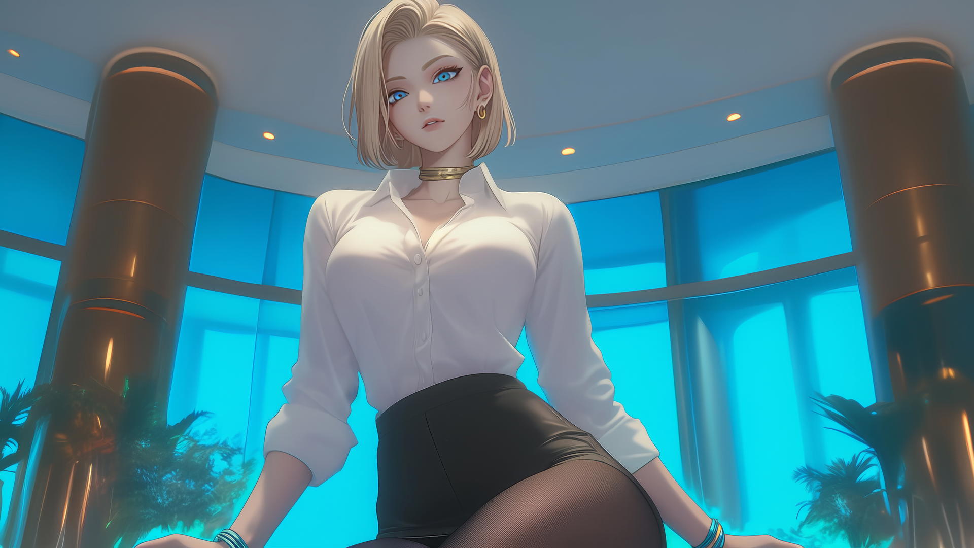 Android 18 kneeling in a hotel wearing office attire