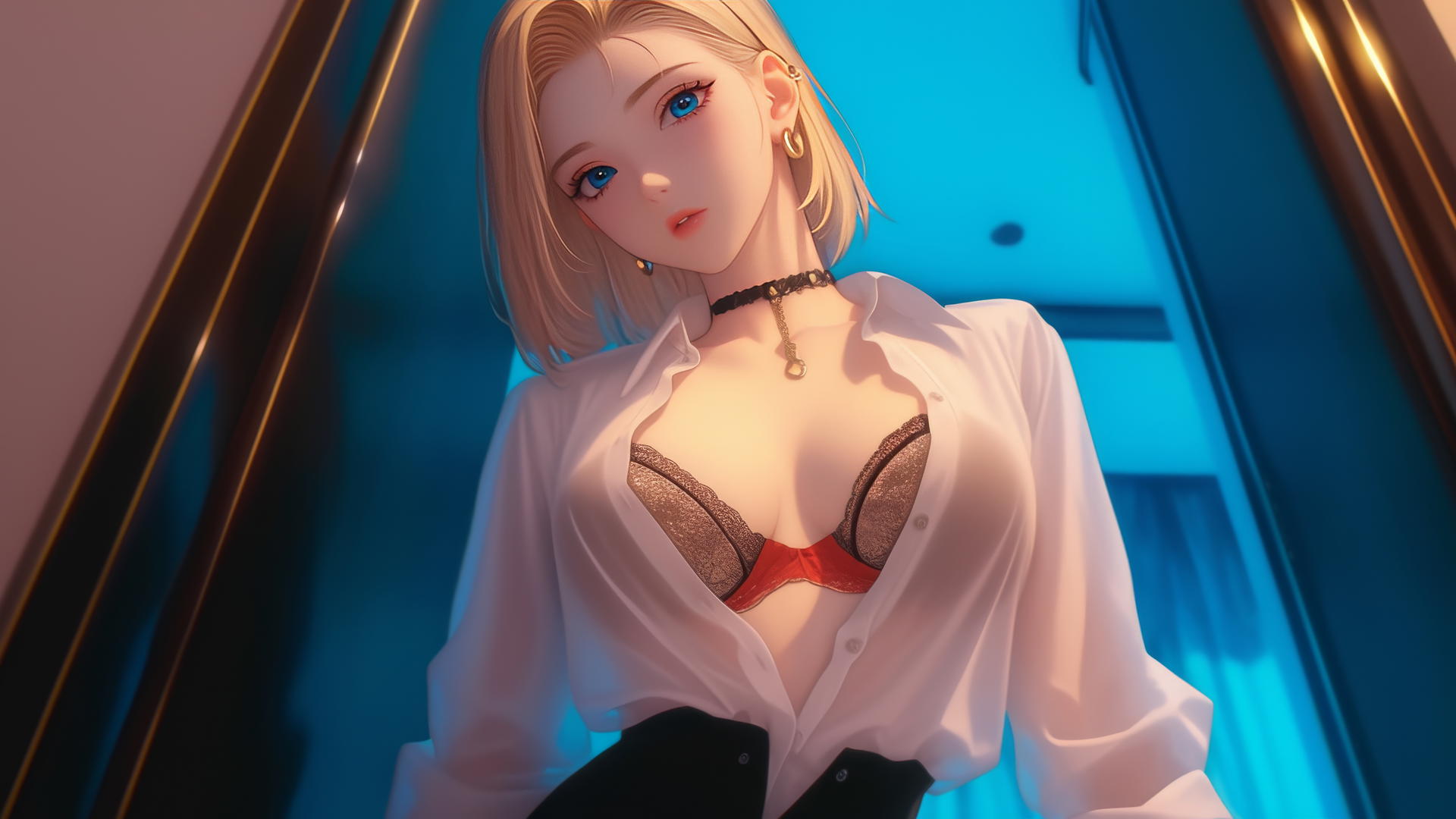 Android 18 kneeling in a hotel, wearing white shirt, short blonde hair
