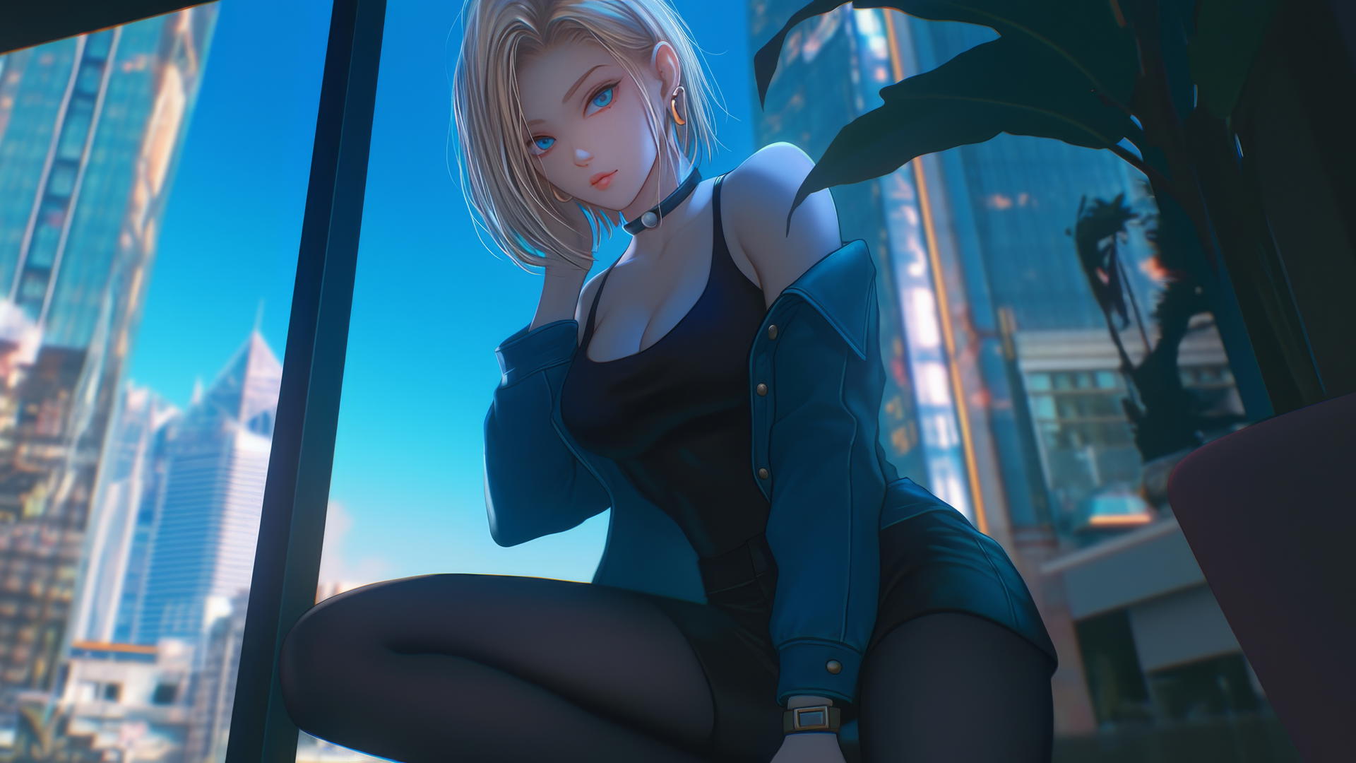 Android 18 kneeling in a hotel with short blonde hair