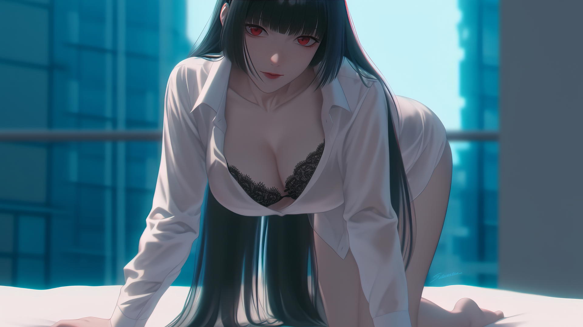 Anime character with black hair and red eyes kneeling in hotel room