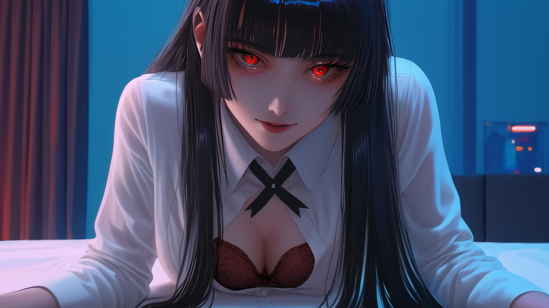 Yumeko Jabami kneels in modern hotel room, hime-cut hair, red eyes.