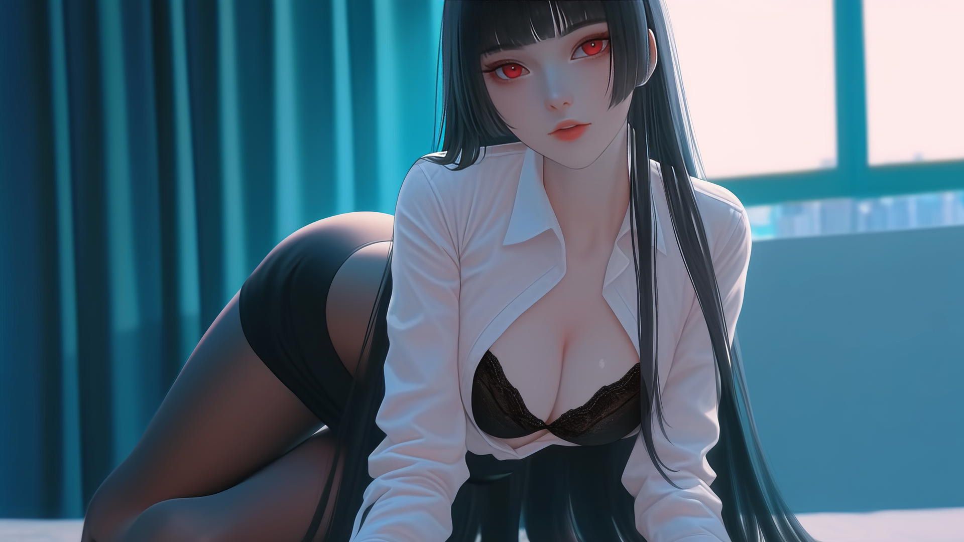 Yumeko Jabami kneeling in a modern hotel room