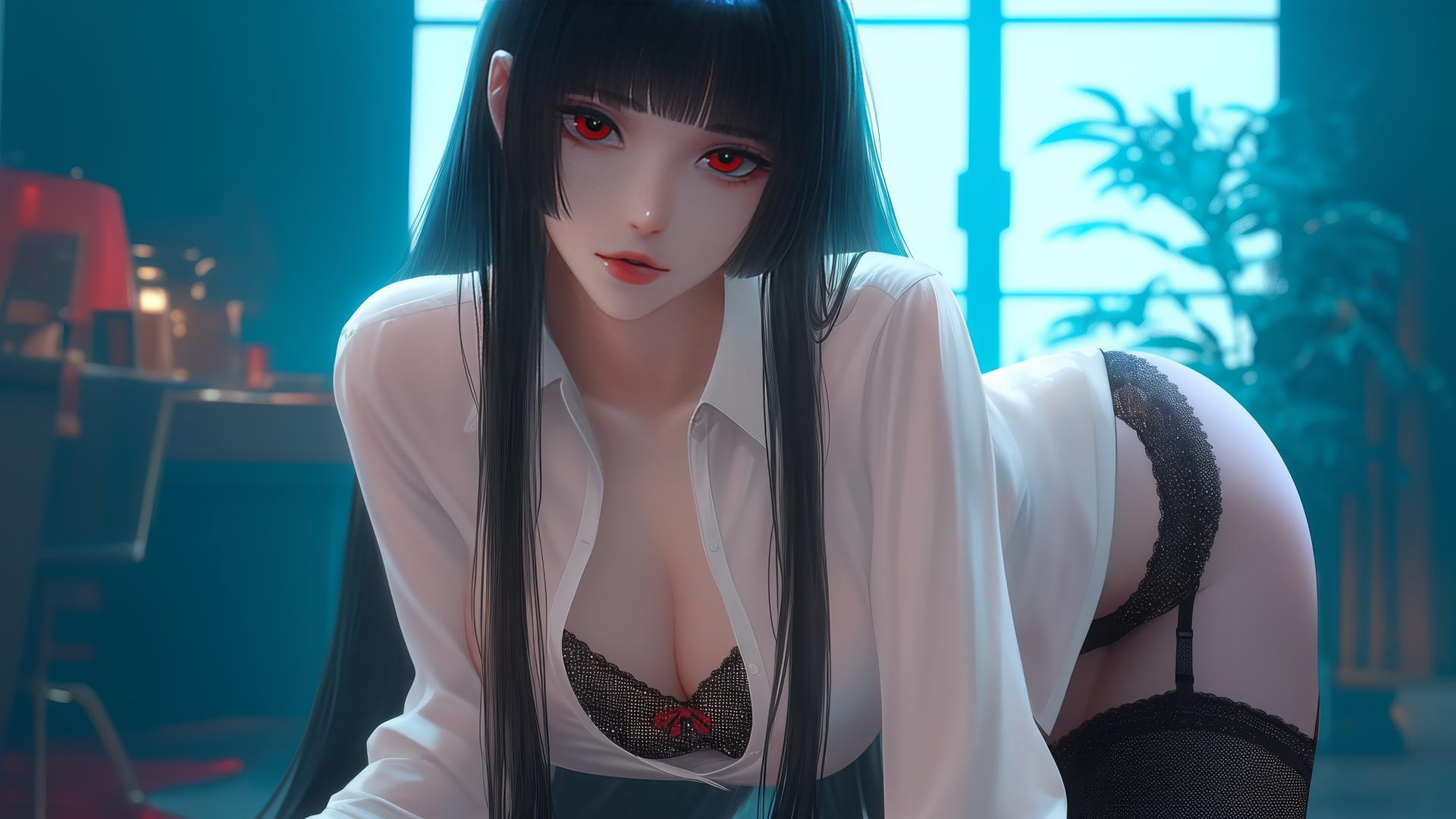Yumeko Jabami kneeling in a modern hotel room