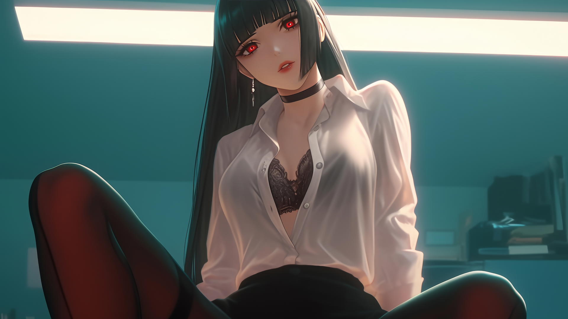 Yumeko Jabami in white shirt, kneeling with warm glow, ceiling in background