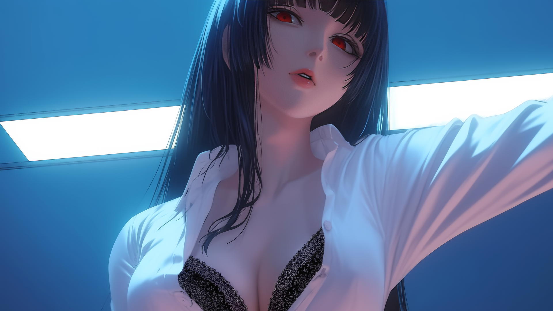 Yumeko Jabami kneeling with hime-cut hair and red eyes