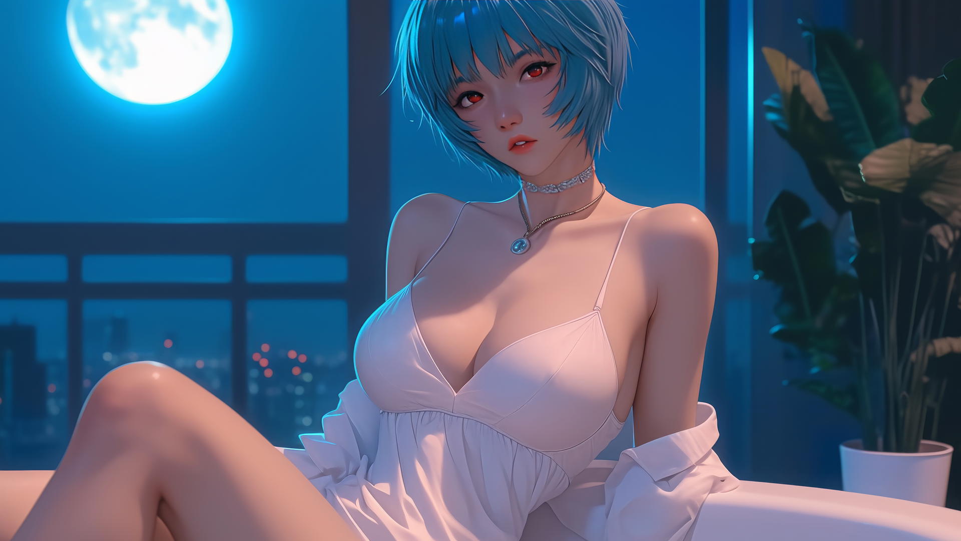 Rei Ayanami resting in a tub under moonlight