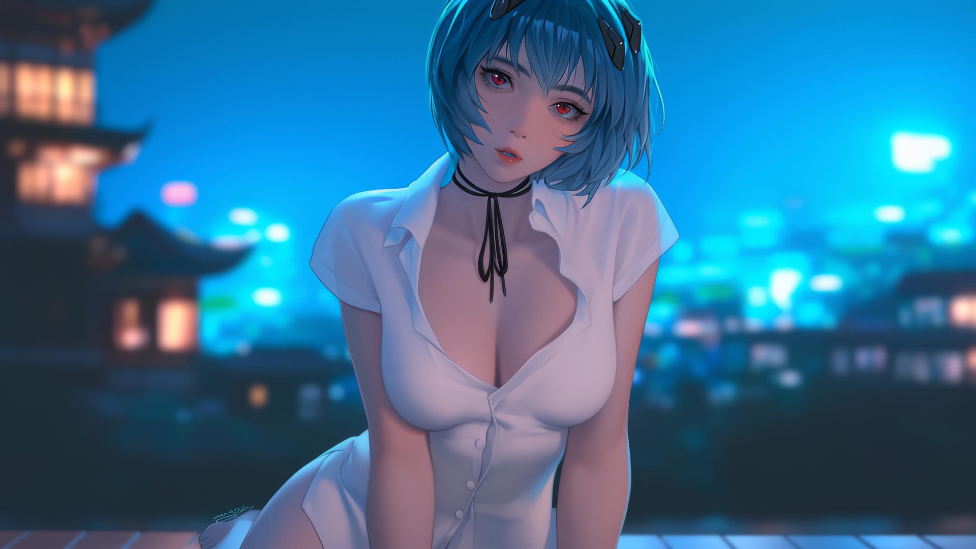 Rei Ayanami kneeling in a hotel wearing a white shirt