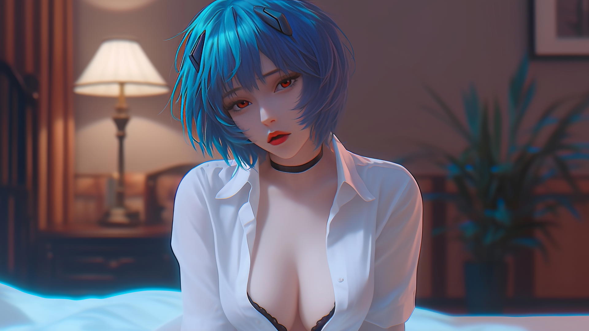Rei Ayanami kneeling in a hotel wearing a white shirt