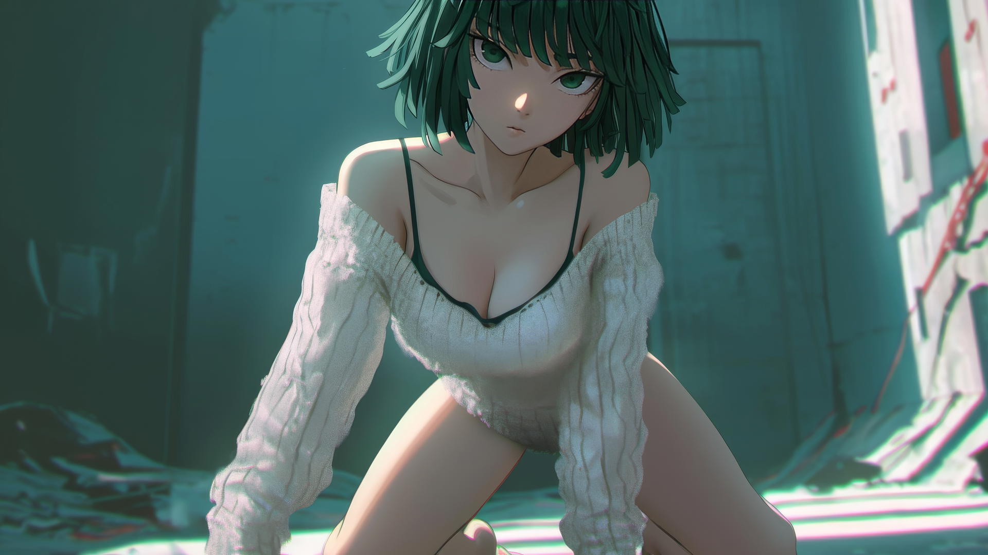 Fubuki kneeling at hotel in broken sweater