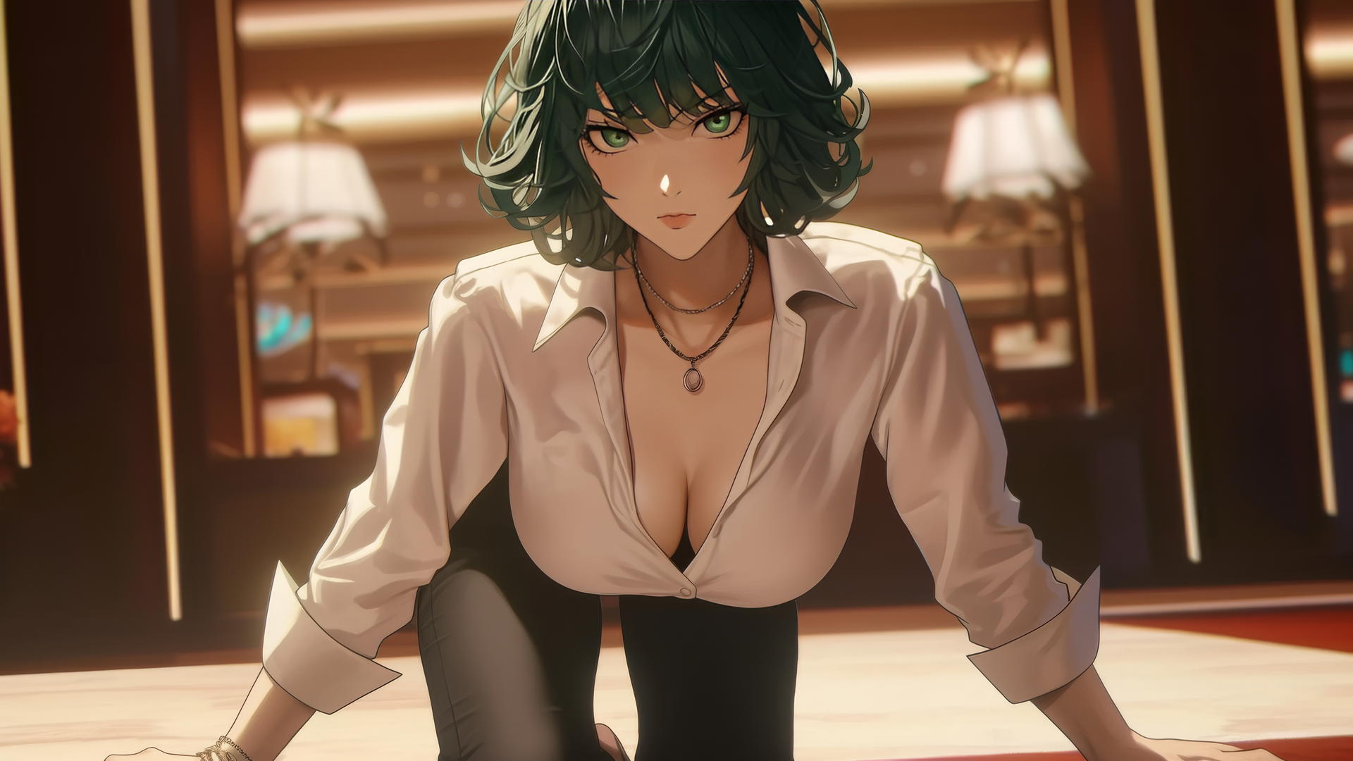Fubuki kneeling at hotel in office attire