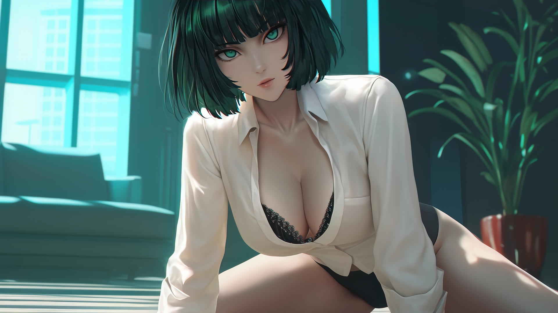 Fubuki from One Punch Man kneeling in modern hotel