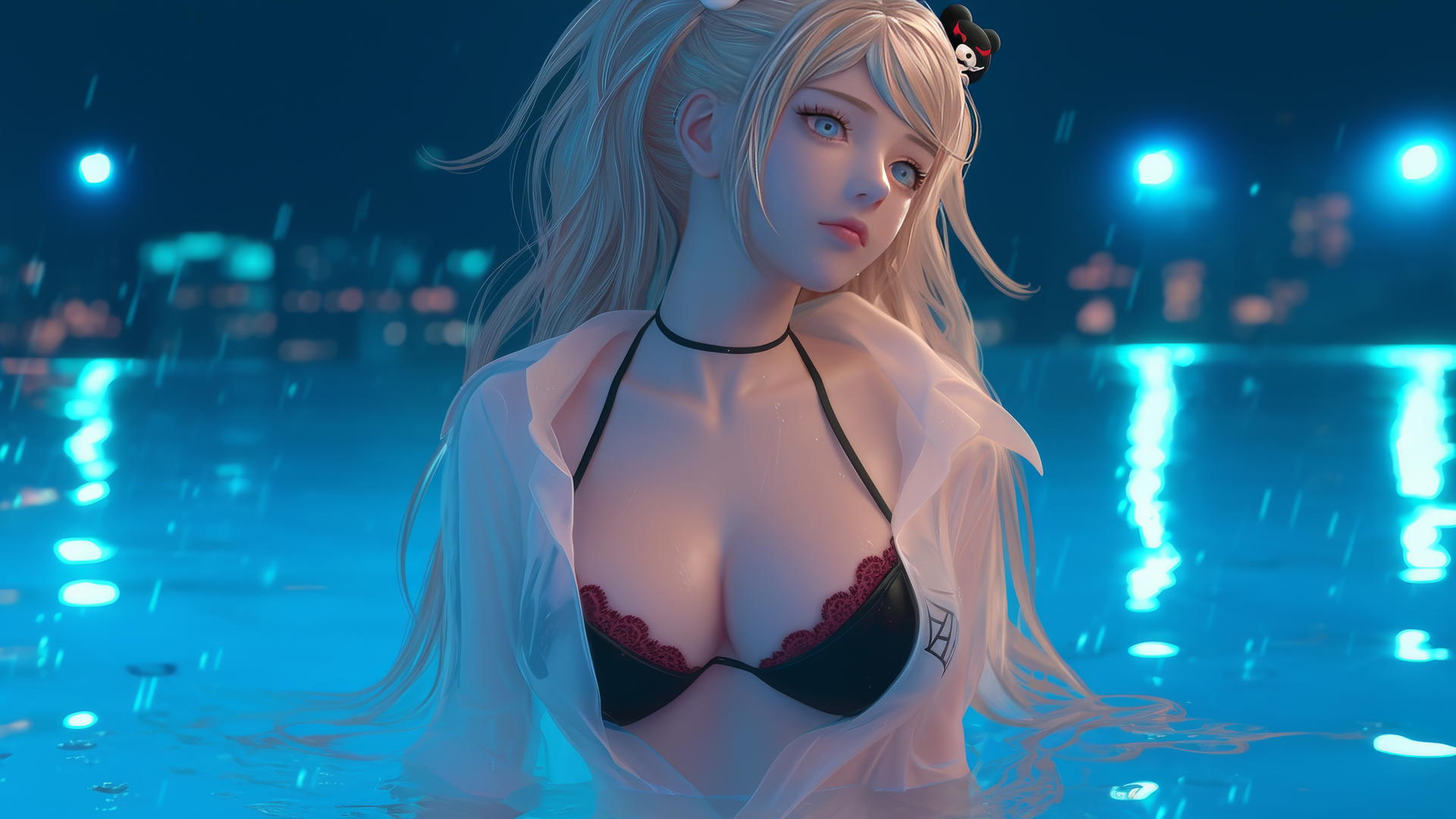 Junko Enoshima resting at a rainy pool, thigh focus, hyper-realistic.