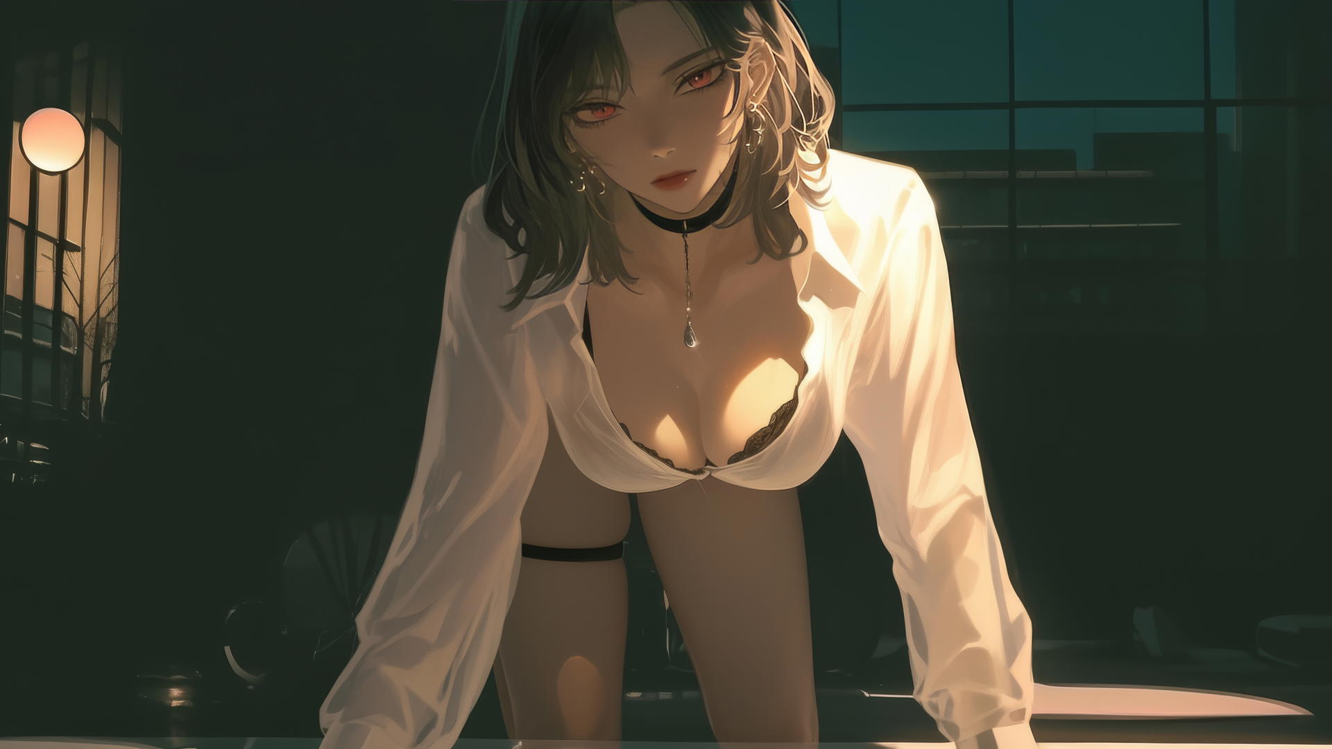 demon girl kneeling in modern hotel