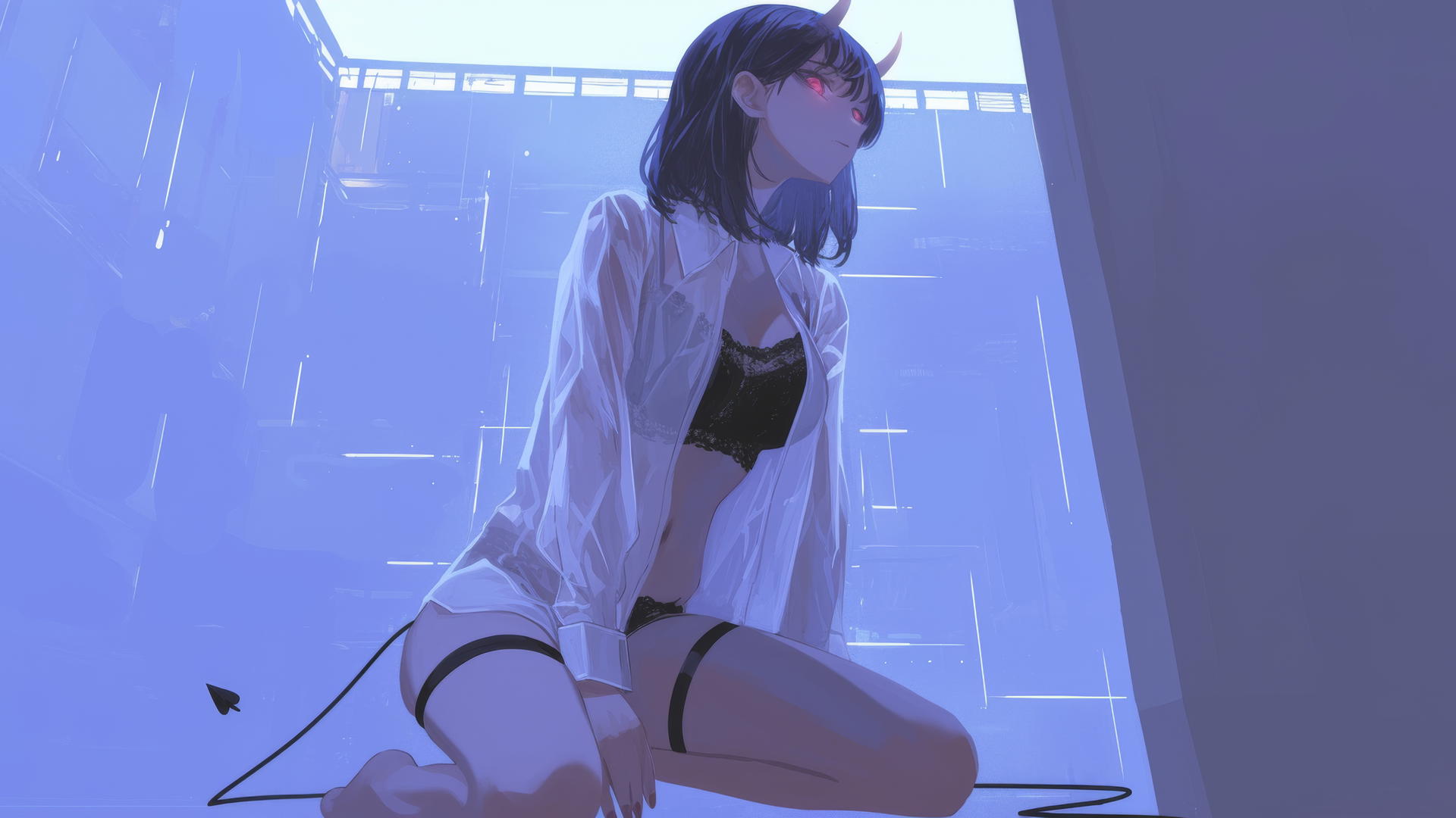 Demon girl kneeling in a hotel, wearing a white shirt
