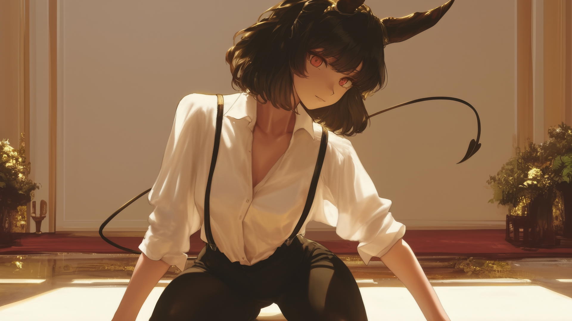 Beautiful demon girl kneeling in a modern hotel