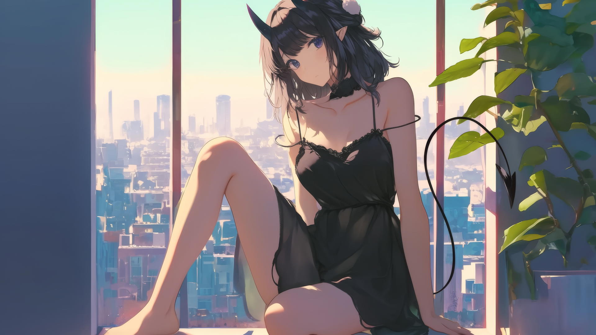 Demon girl kneeling at a modern hotel