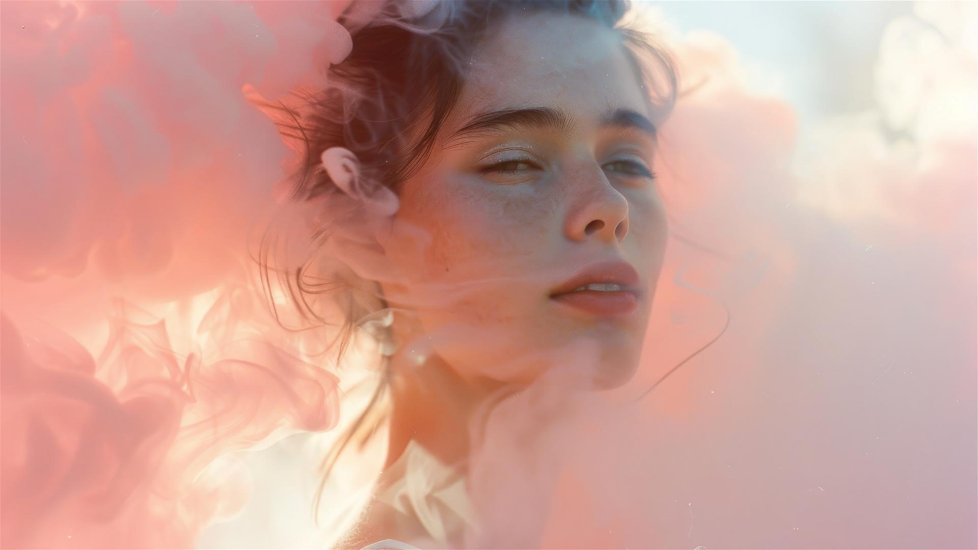 Woman in pink smoke, soft light, 35mm film portrait