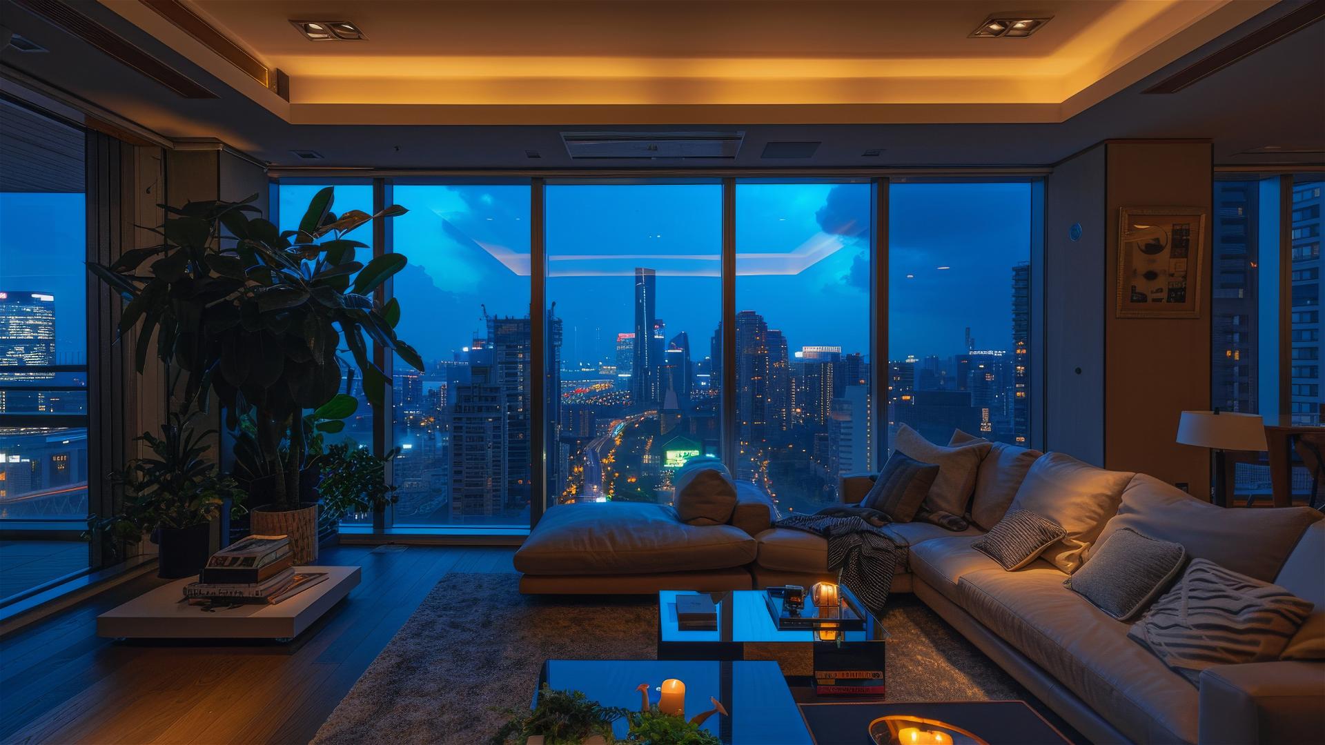 Cozy living room, dim lights, city view through window.
