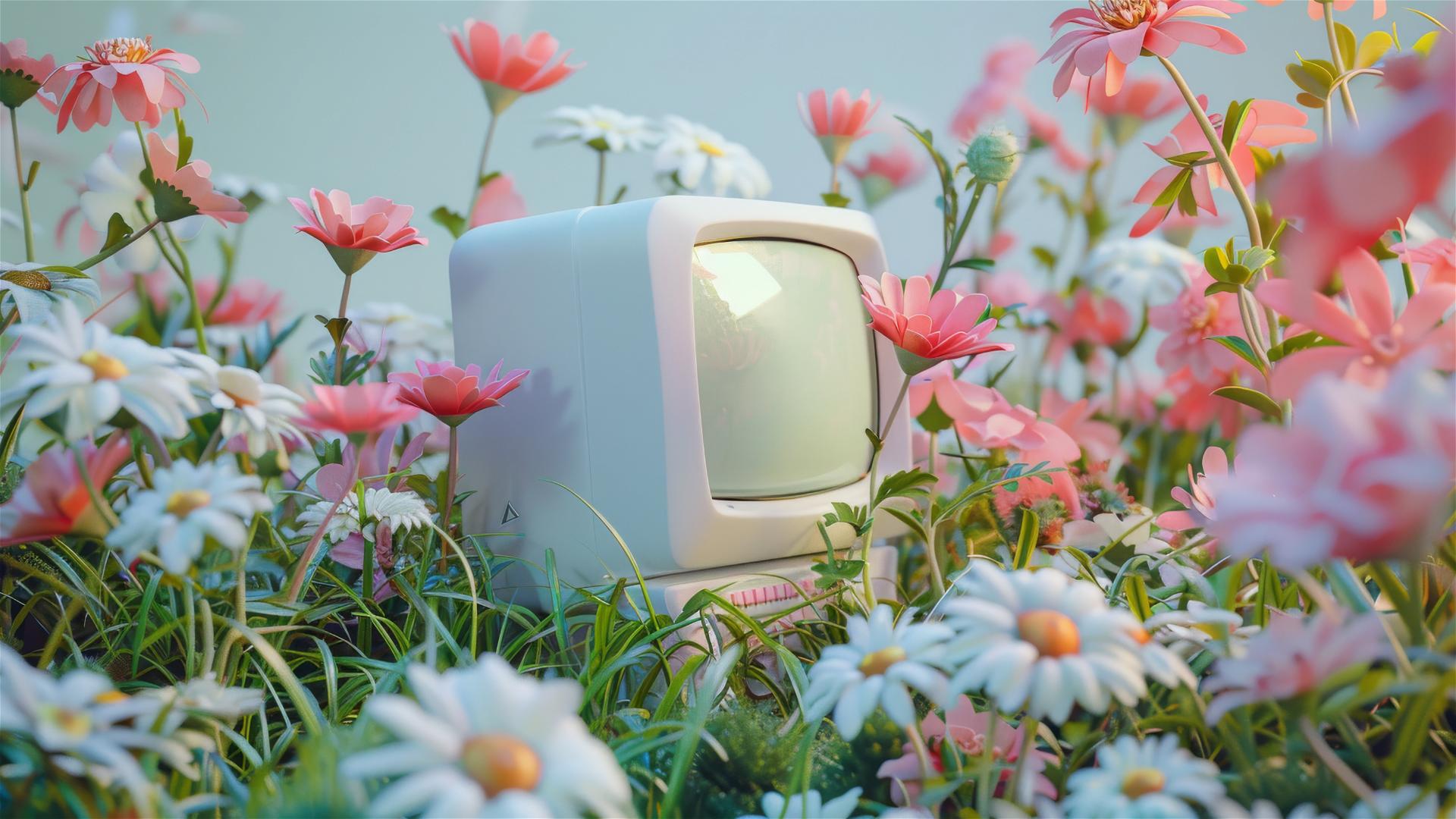 White computer with flowers and grass in clay sculpture, kawaii style.