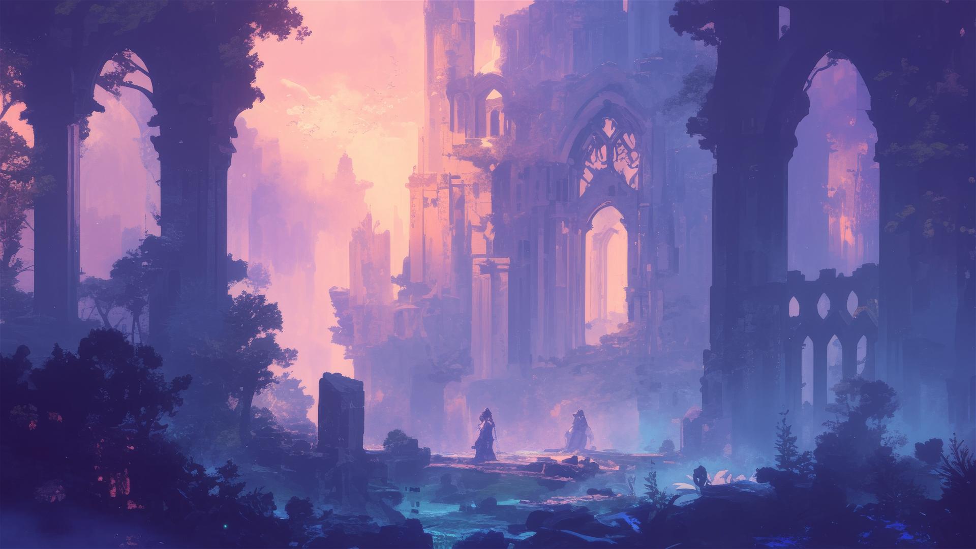 Ghibli-style anime castle in mist with torchlit corridors.