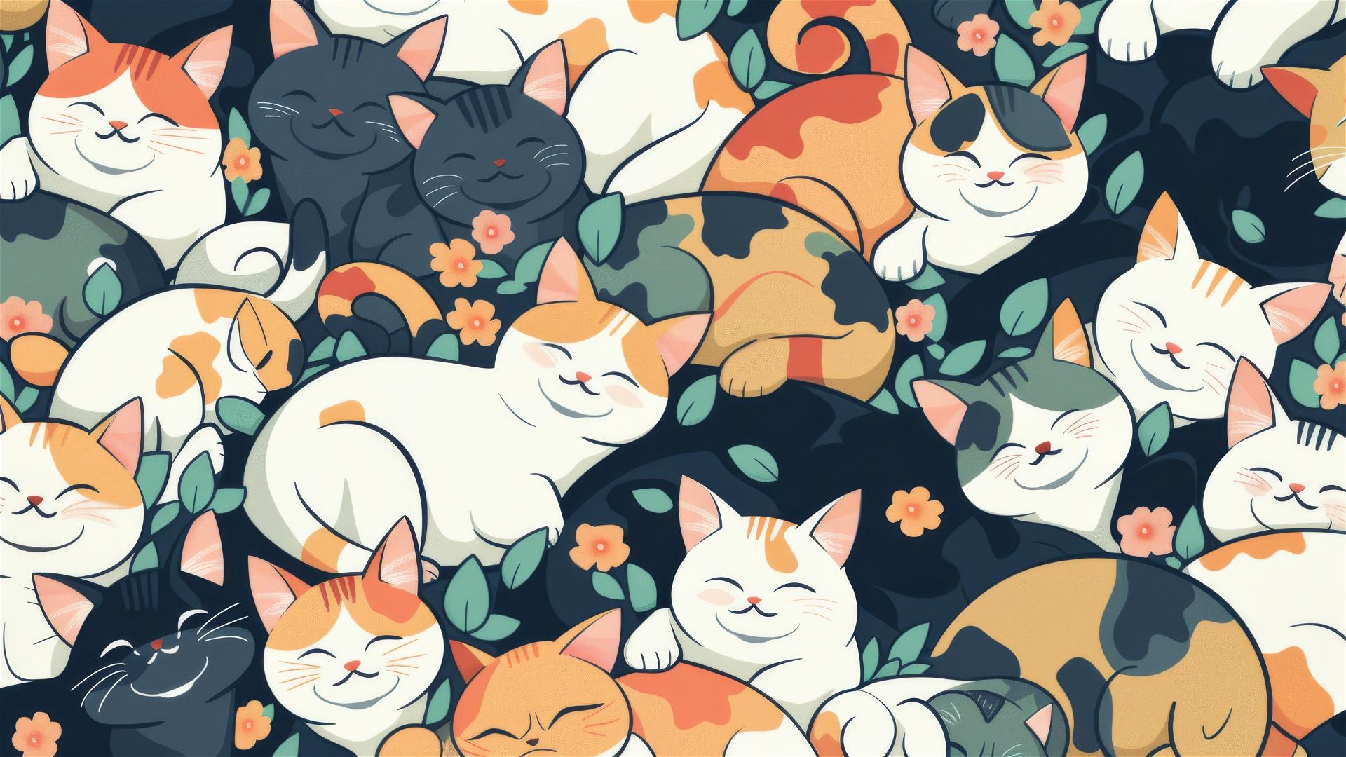Cartoon cats in Japanese style, tileable design.