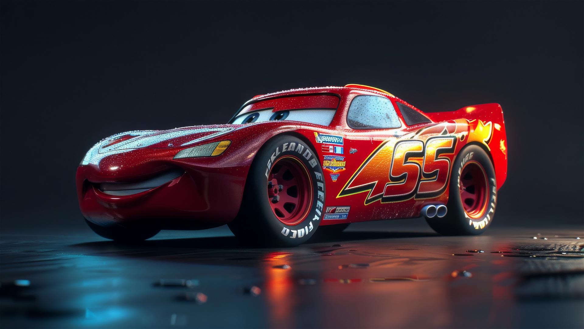 Pixar-style Lightning McQueen against a dark backdrop, 3/4 view.