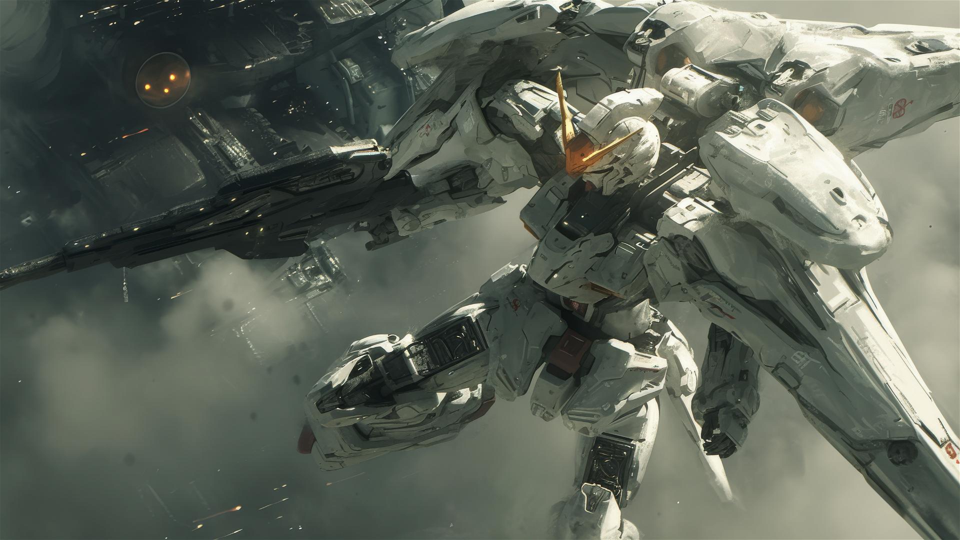 Gundam flying in a cinematic style akin to Roger Deakins