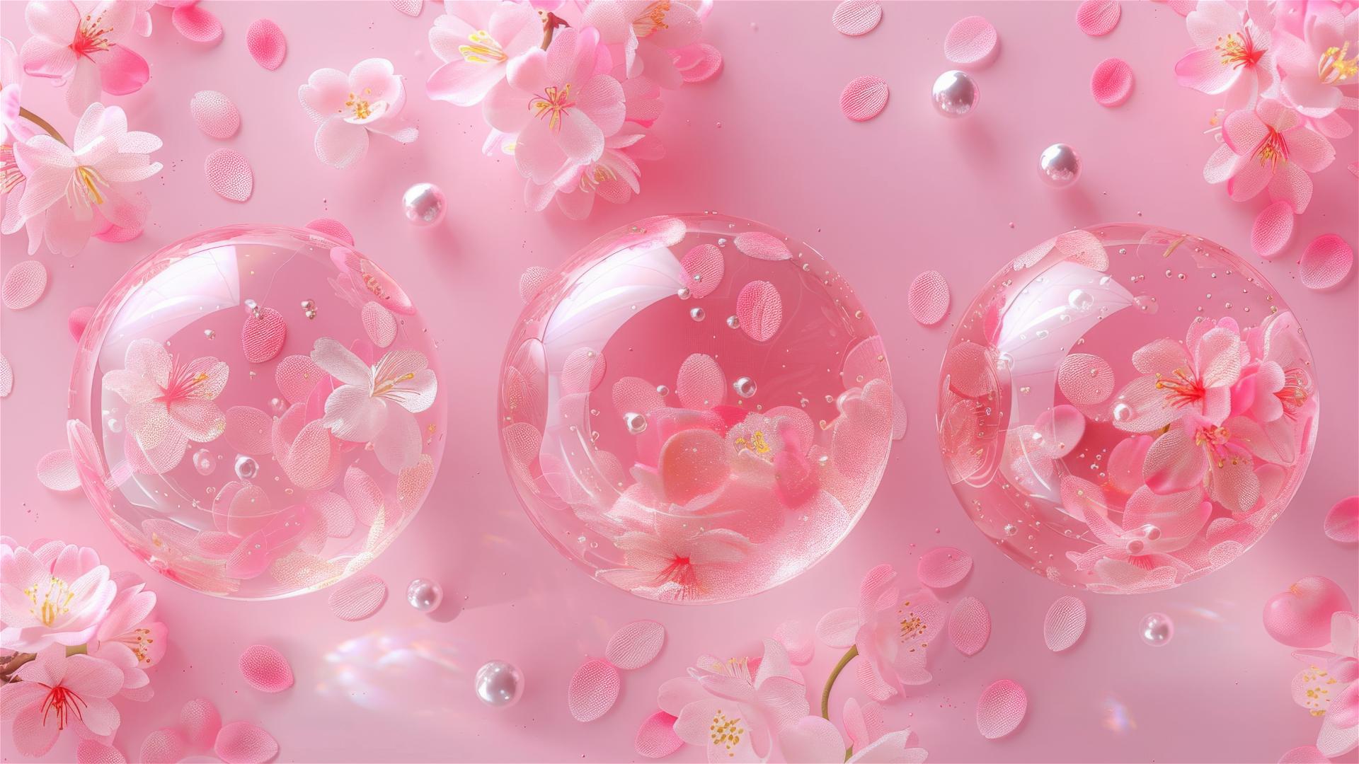 Transparent pink jelly balls with cherry petals, pearls, peach blossoms in anime style on pink.