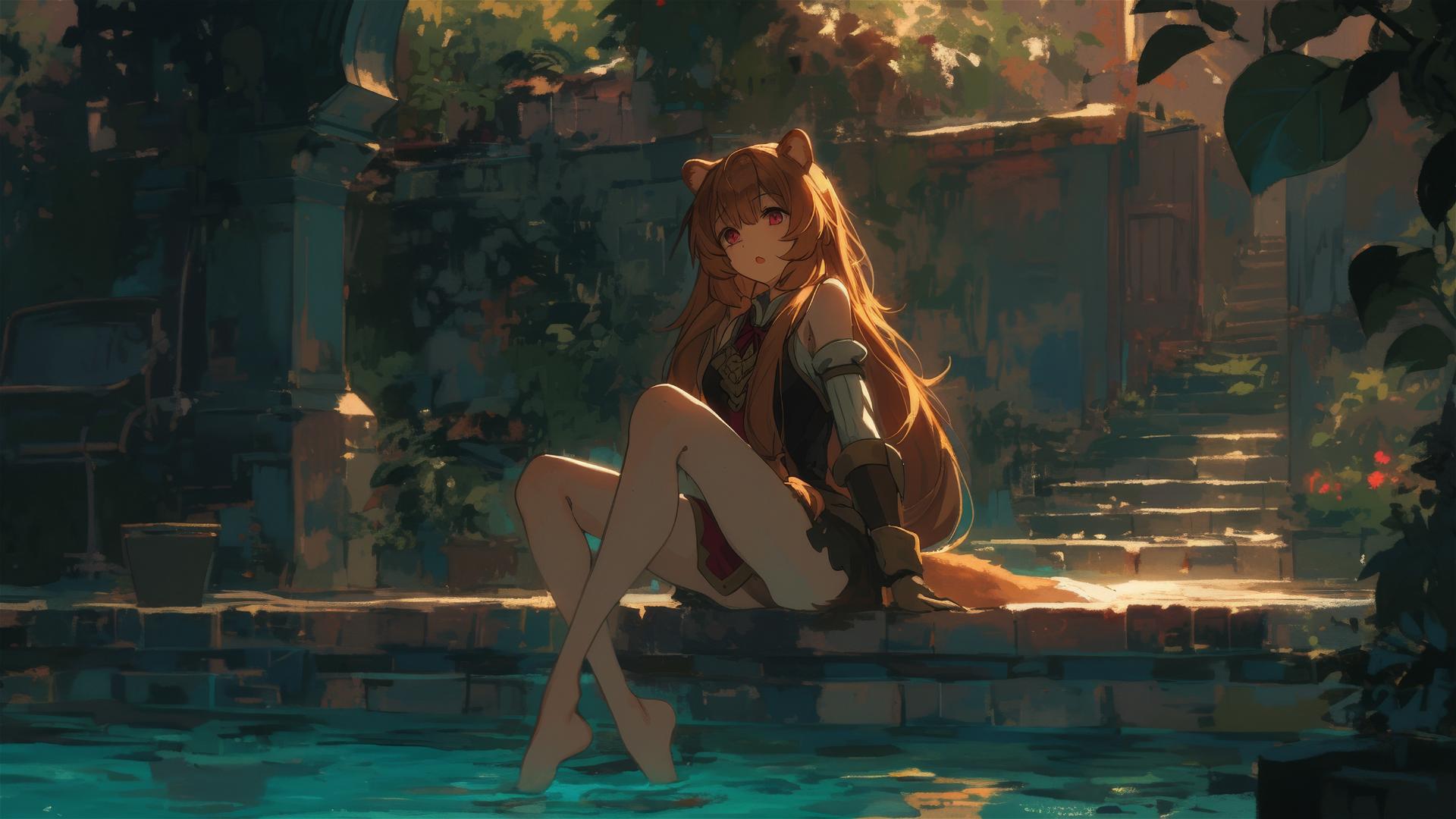 Raphtalia swimming in moonlit pool