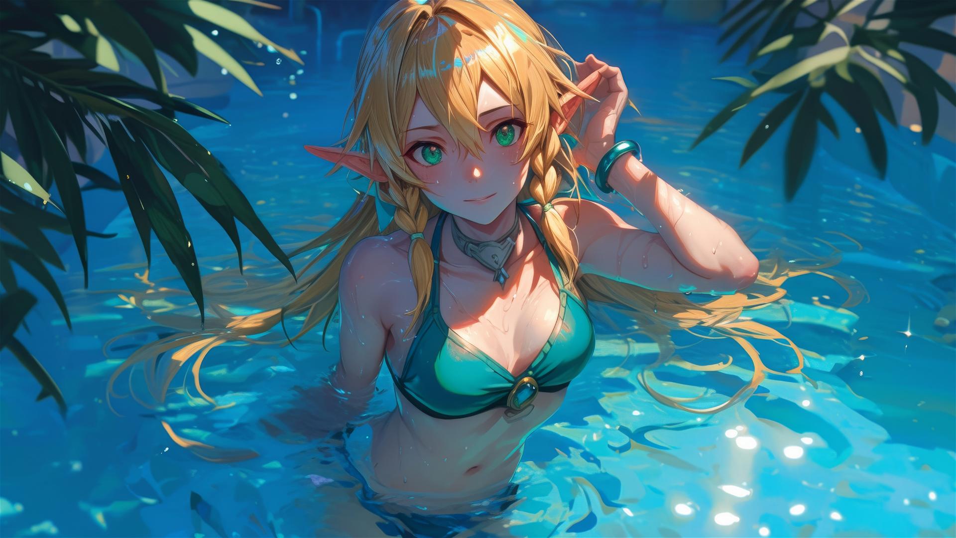 Leafa from SAO standing in pool under moonlight